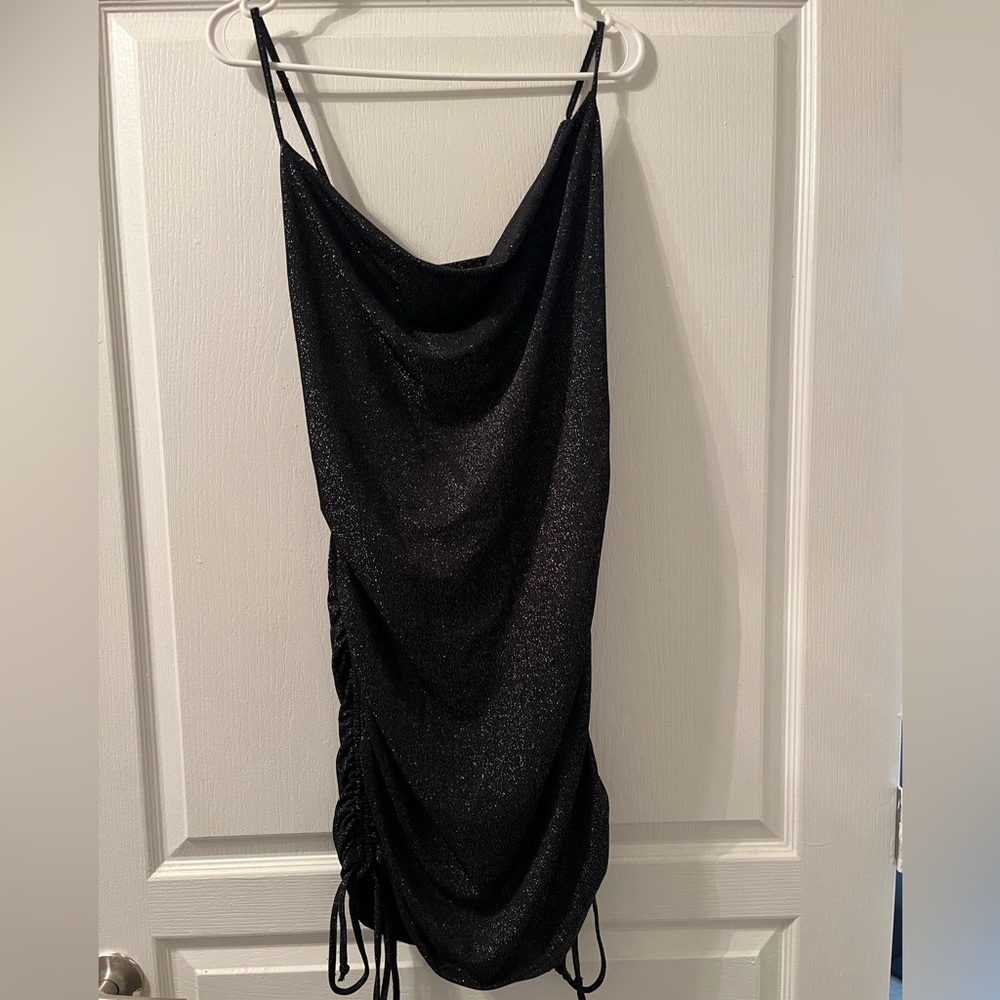 Ruched Sparkly Black Mini Dress